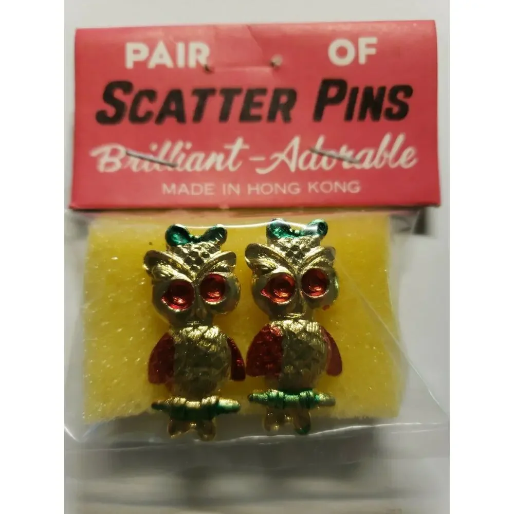 Vintage Brooches Pair of Owls with Bows‎ Enamel Scatter Pins New Old Stock B-7